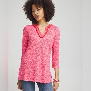 Chicos 100% Linen Reef Embellished Tunic Sz 1 M Pink Red Resort Beachy Coastal
